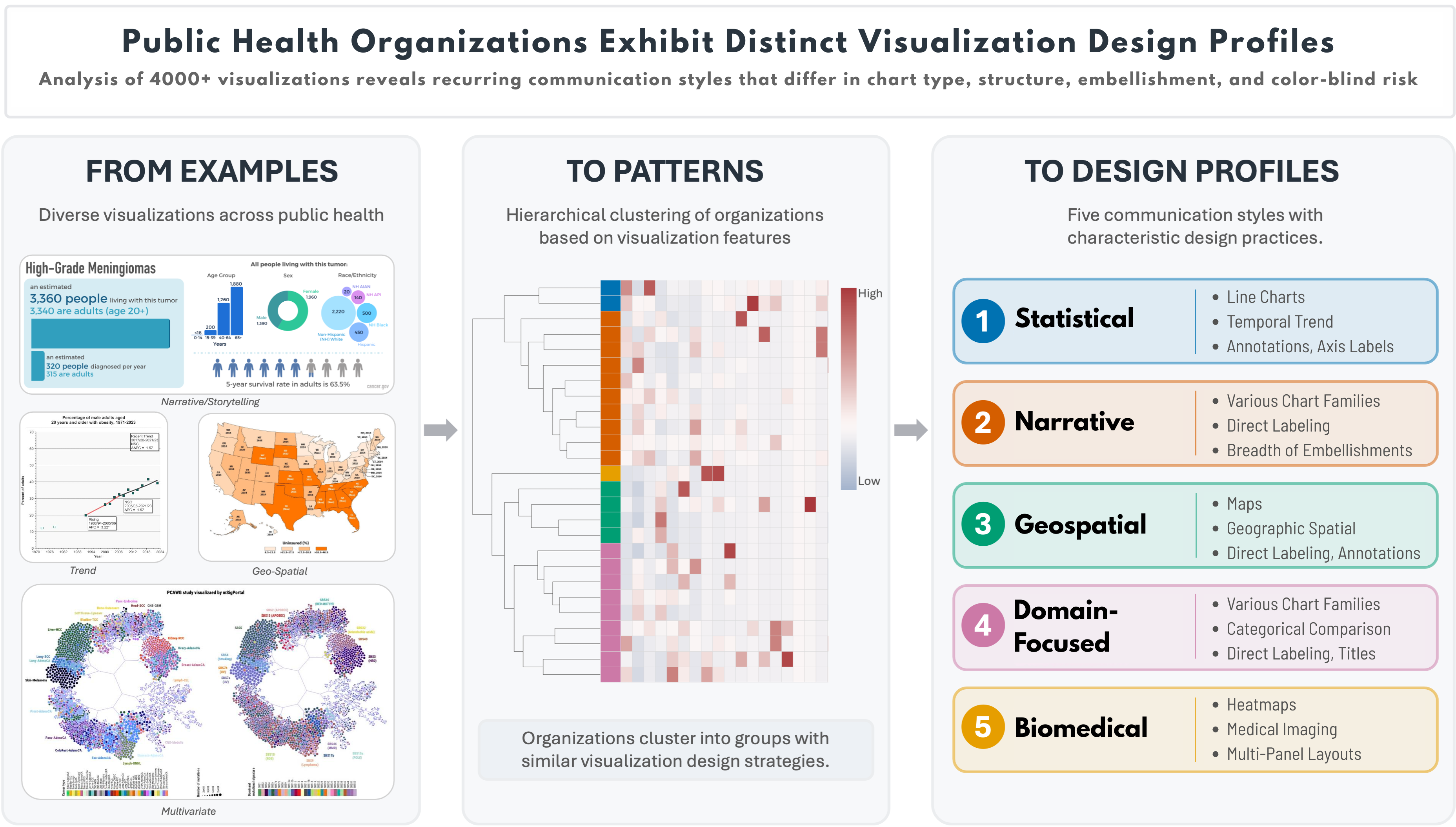 The image displays the pipeline for identifying stable design profiles from the collected public health organizations' visualizations. The five design profiles are tagged as Statistical, Narrative, Geospatial, Domain-Focused, and Biomedical.